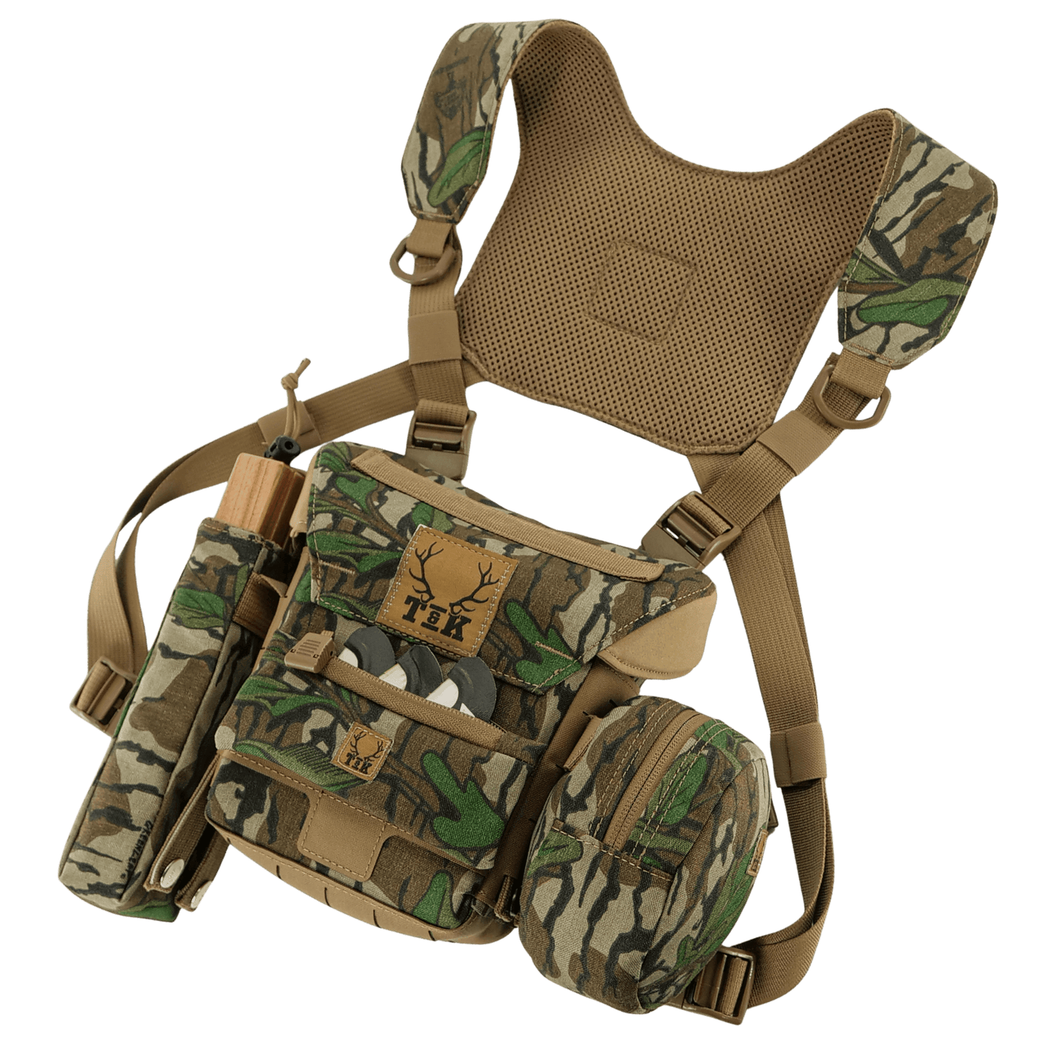 Mossy Oak Green Leaf T & K Turkey Chest Rig with Gen 3.1 Bino Harness and gear pouches for turkey hunting