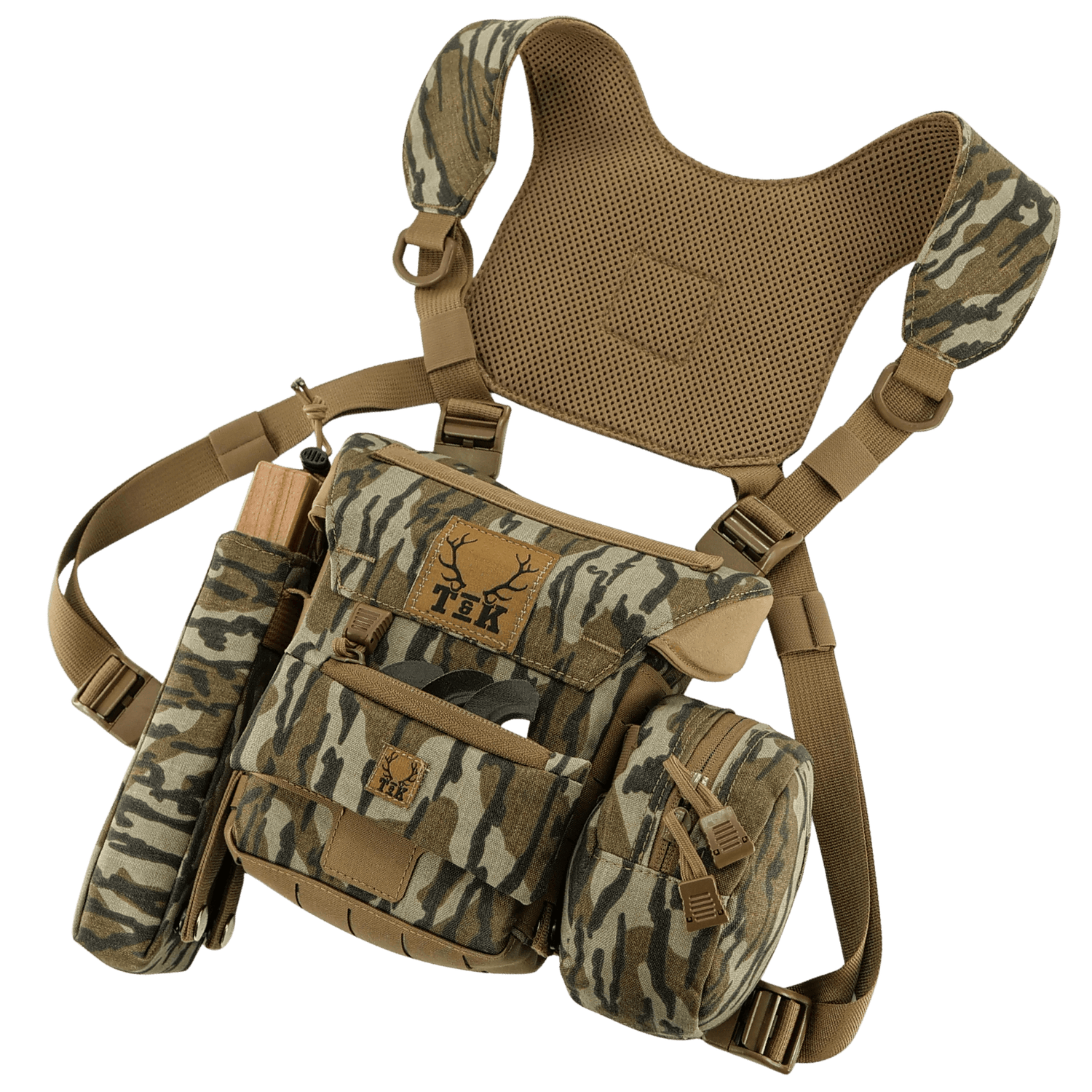 Mossy Oak Original Bottomland T & K Turkey Chest Rig with Gen 3.1 Bino Harness and gear pouches for turkey hunting
