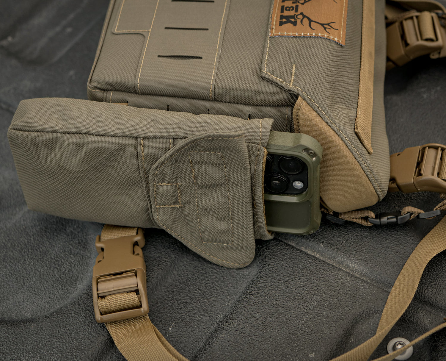 Ranger Green T & K Bino Harness with Cell Phone Pouch Attached