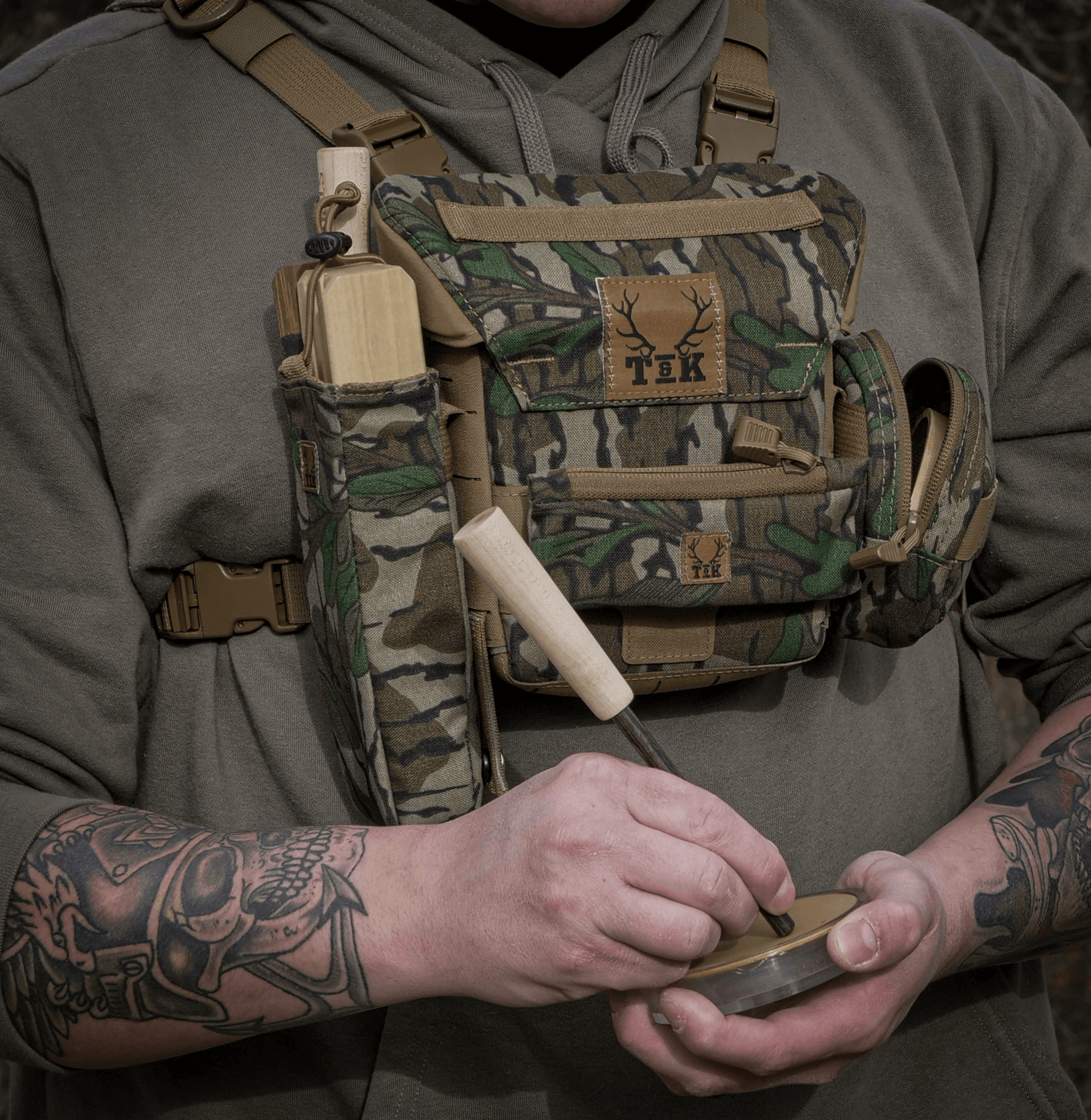 T & K Mossy Oak Green Leaf Turkey Chest Rig being used in the field