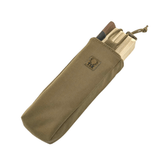 Coyote Brown T & K Box Call Pouch securing a turkey box call with elastic cord lock, designed for durable field use