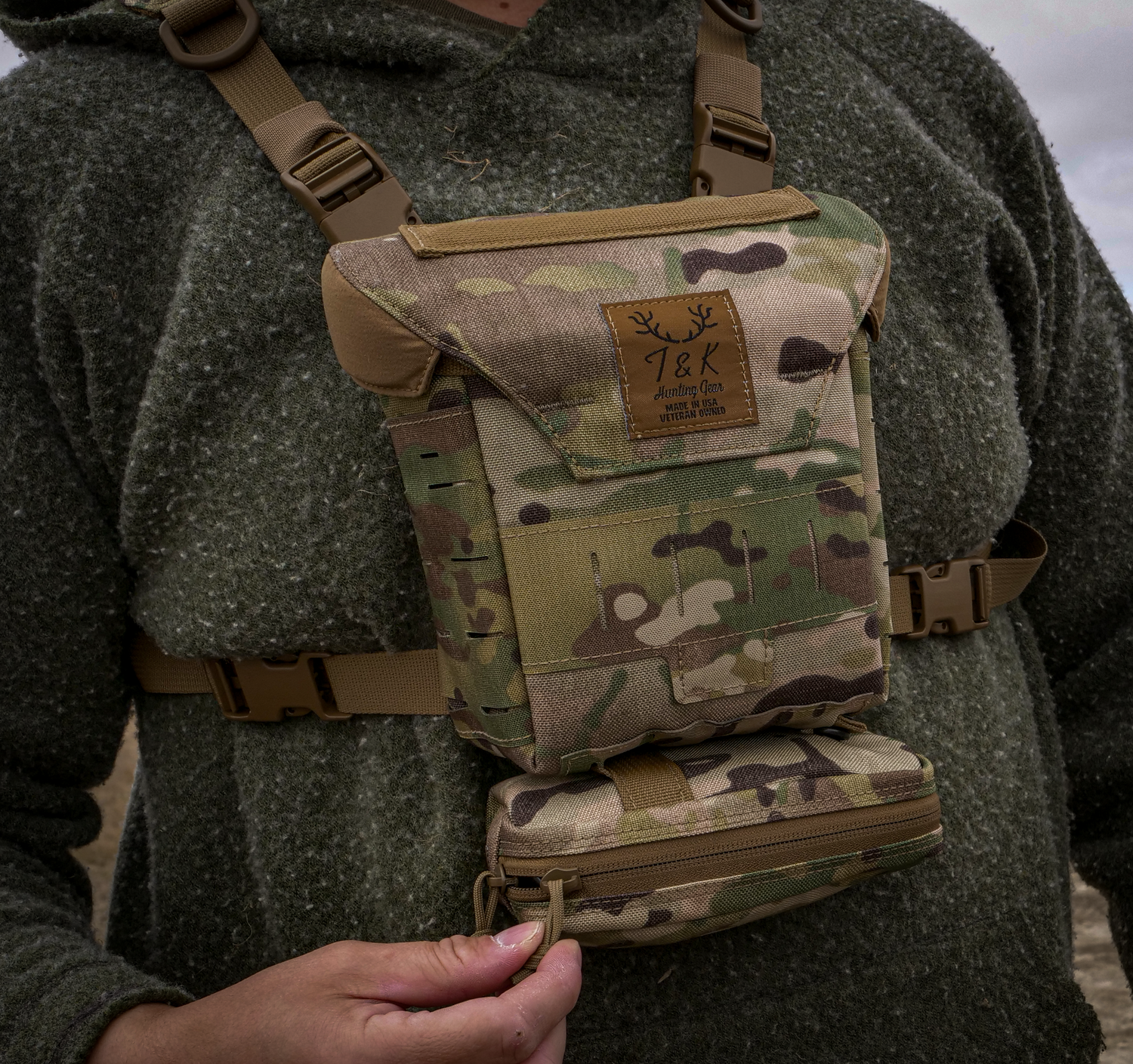 MultiCam T & K Horizontal Admin Pouch connected to the T & K Gen 3.1 Bino Harness in the field