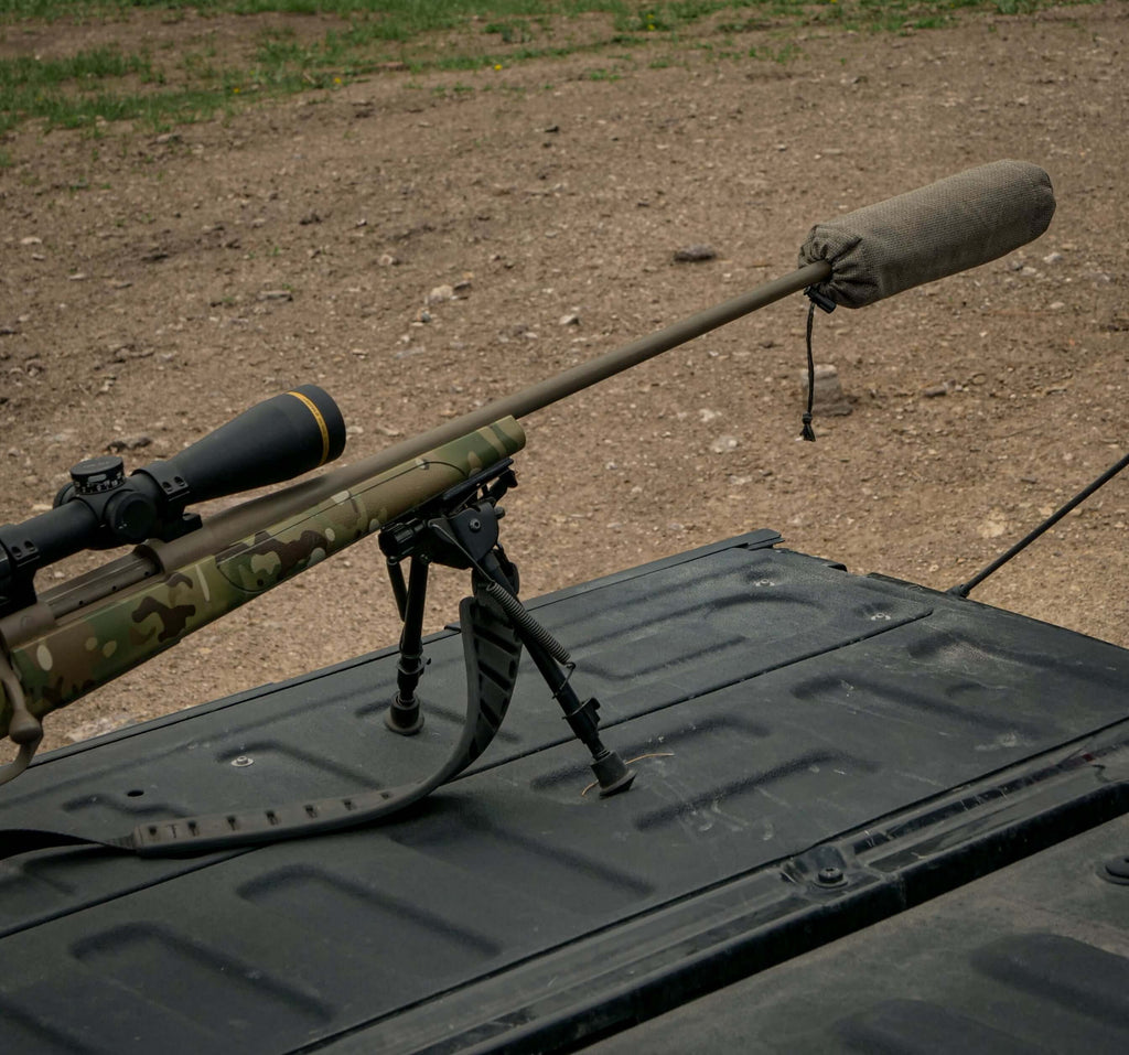 Rear view of T & K Khaki Hot sock on the can of a rifle